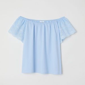 NWT off shoulder embroidered sleeves blue top